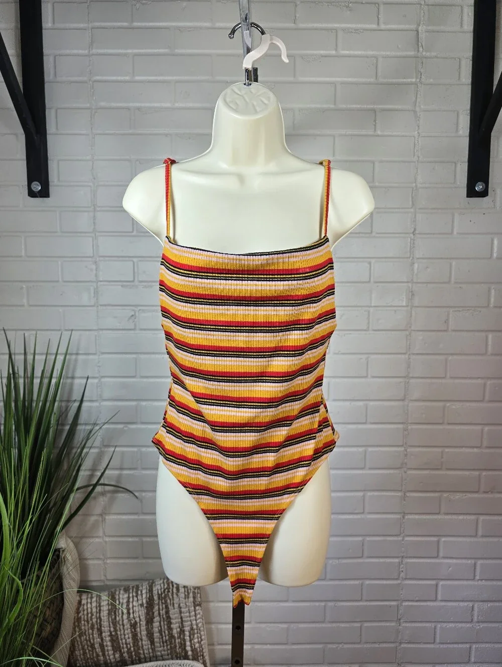 Astr Striped Spaghetti Strap Bodysuit Yellow Red Black Cream Large